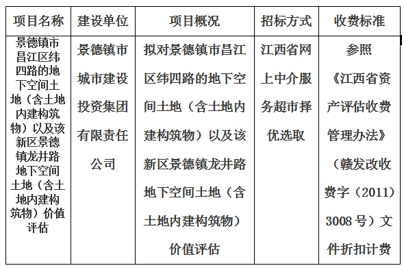 景德鎮市昌江區緯四路的地下空間土地（含土地內建構筑物）以及該新區景德鎮龍井路地下空間土地（含土地內建構筑物）價值評估計劃公告