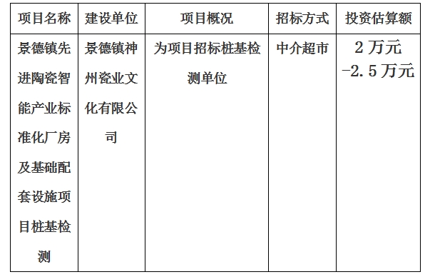 景德鎮先進陶瓷智能產業標準化廠房及基礎配套設施項目樁基檢測計劃公告