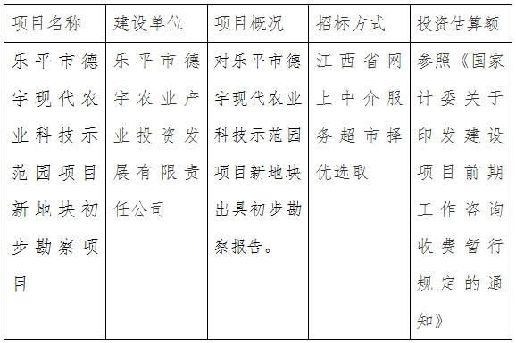 樂平德宇公司現代農業科技示范園項目新地塊初步勘察項目計劃公告